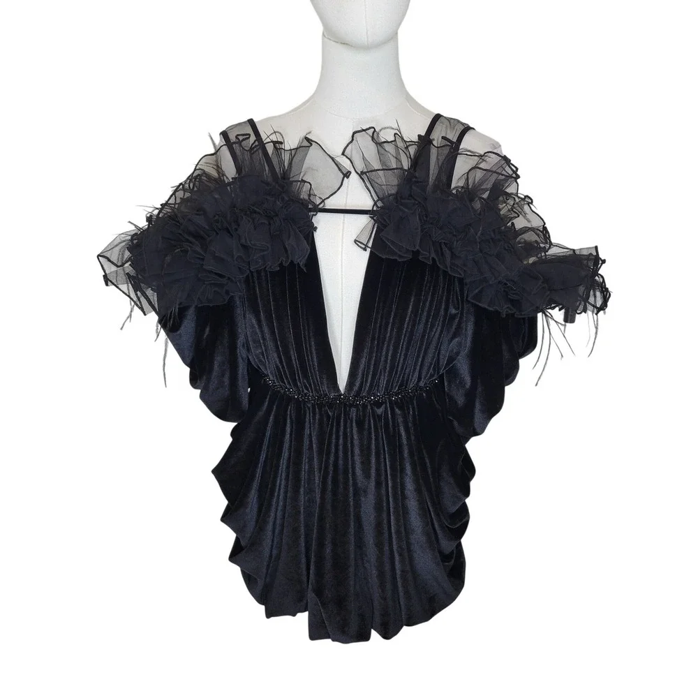Kiki Riki Black Velvet Feather Cocktail Dress Small NWT Holiday Special Occasion - Picture 2 of 6